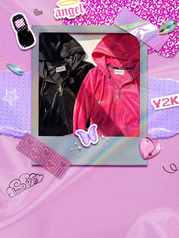 A styled collage featuring two hooded track tops, one black and one bright pink, with the rhinestone monogram "A", centered inside a polaroid-style frame on a pink background with decorative stickers and pastel paper elements.