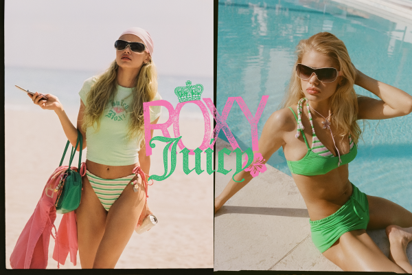 A woman in green swimwear and sunglasses poses by the beach and pool. She wears a pink headscarf, carries a drink and a bag, and Roxy Juicy is written across the image in pink and green letters.