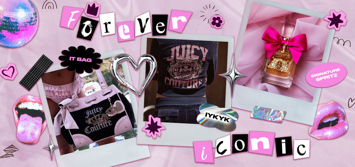 A pink-themed collage featuring Juicy Couture branding, with a central photo of a person wearing a blue Juicy Couture graphic hoodie, a pink handbag in a left photo, and a pink perfume bottle in a right photo. The collage includes Polaroid-style frames, glittery lips, a disco ball, and decorative text reading 'forever iconic'.