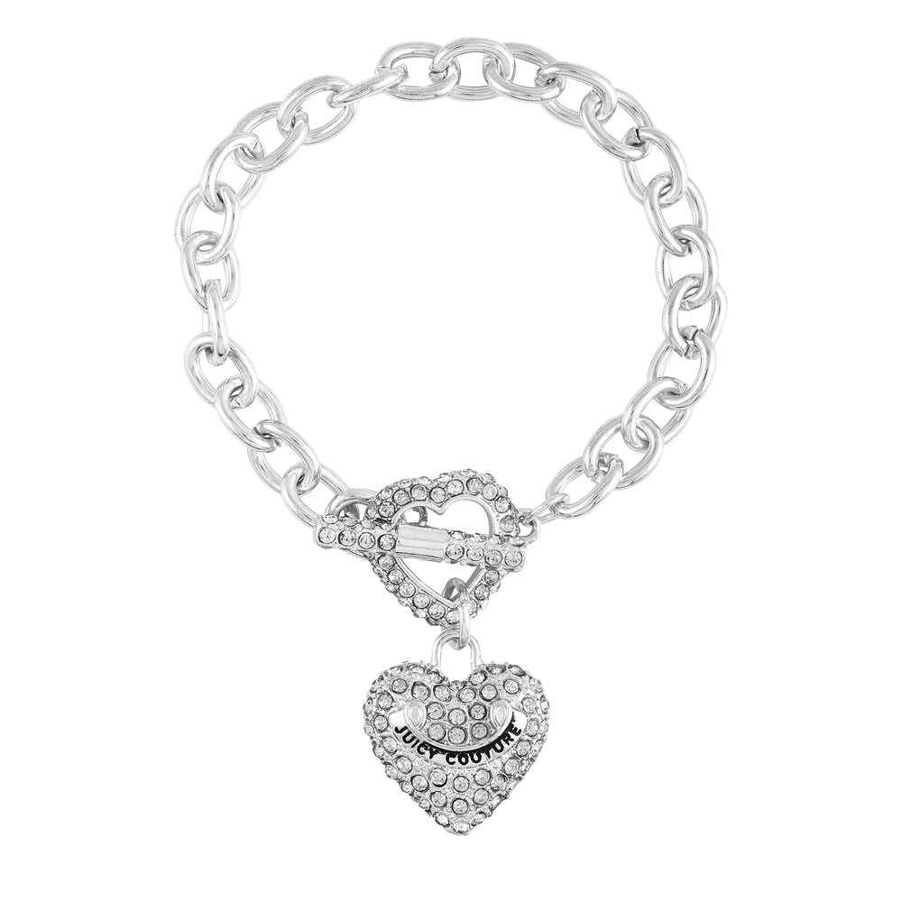 Juicy Couture Jewelry Silver Charm Bracelet Crystal Pave Bling Heart 7.5  Toggle